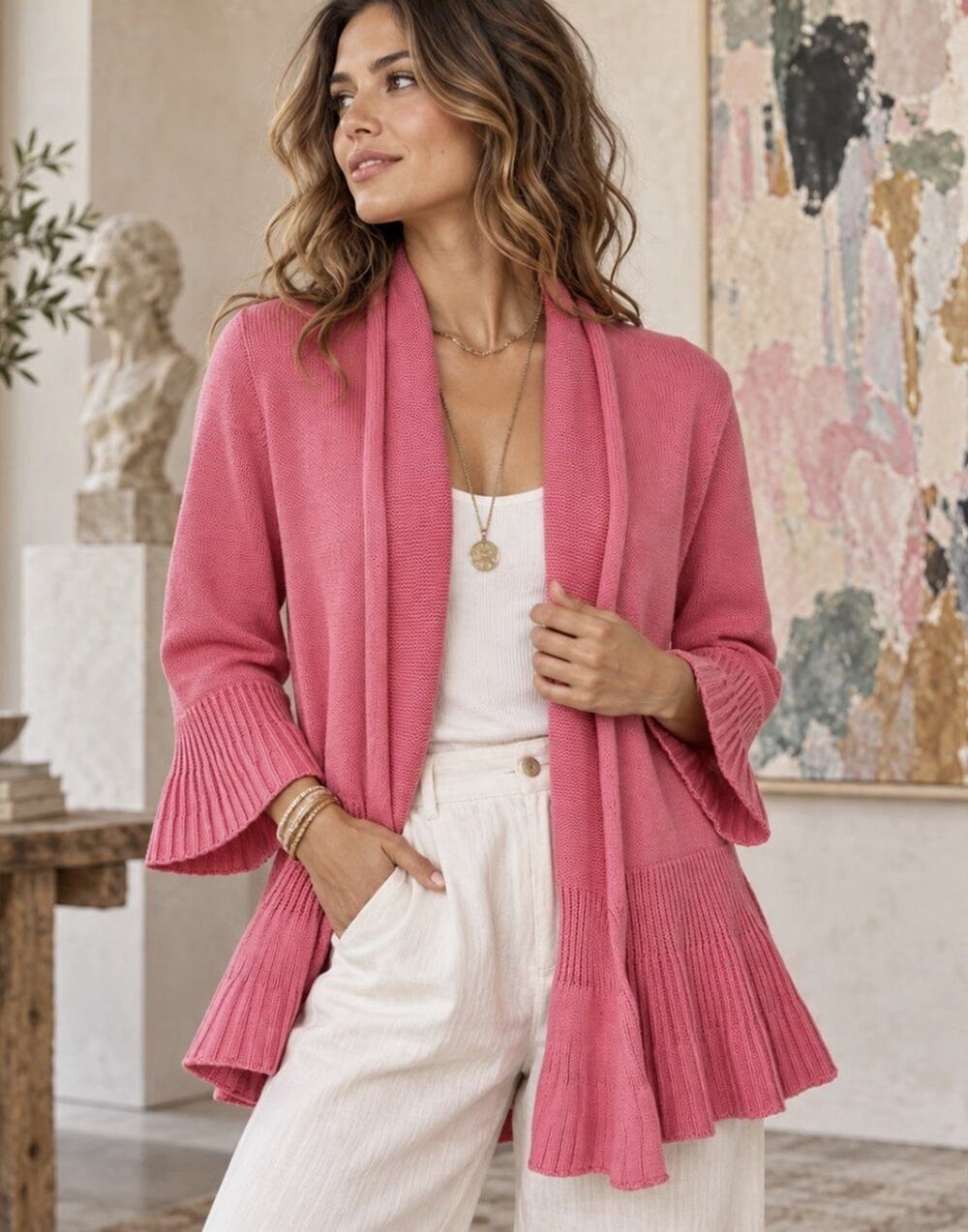 Y2K Romantic Cotton Candy Pink Cardigan M 100% Cotton Bell Sleeve Peplum NWT